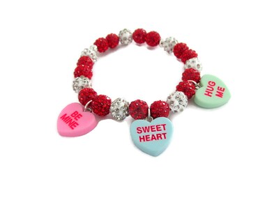 Valentines day charm bracelet, heart bracelet, sparkly bangle, red and silver, valentines day gift for her, stretch, faux candy hearts - image1